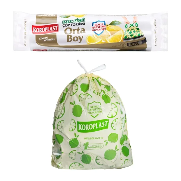 Koroplast Ekstra Güçlü Limon Kokulu Büzgülü Orta Boy Çöp Poşeti 15'li