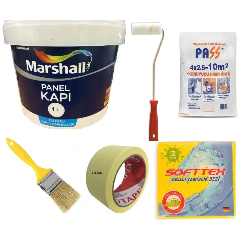 Marshall Su Bazlı Kokusuz Amerikan Panel Kapı Boyası Su Bazlı 1 Lt - 6 Parça Boyama Seti - Kum Beji - 1 L+ Boyama Seti