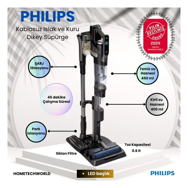 Philips 3'ü 1 Arada (Islak, Kuru ve Moplu) Sarjlı ve Kablosuz Dik Süpürge - Siyah - Gri