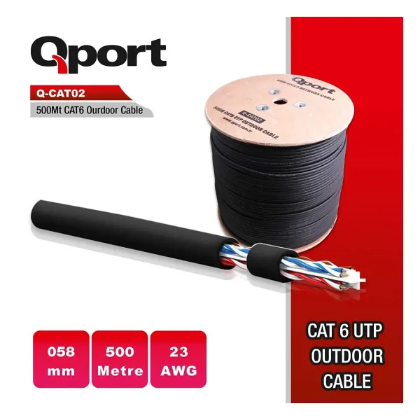QPORT Q-CAT02 500MT UTP CAT6 OUTDOOR NETWORK KABLO SIYAH 23AWG 0.58MM