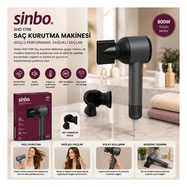 Sinbo Saç Kurutma Makinesi - Gri Renk - Sessiz Çalışma Özelliği
