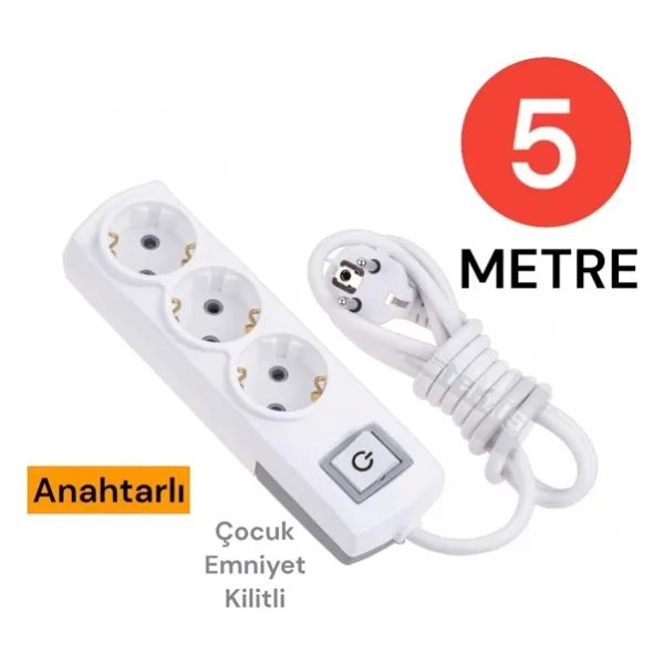 Tek-İş Grup Priz Topraklı 3 Lü 5 Metre Anahtarlı Çocuk Korumalı Çoklu Priz Seyyar Ara Kablo Uzatma Kablosu