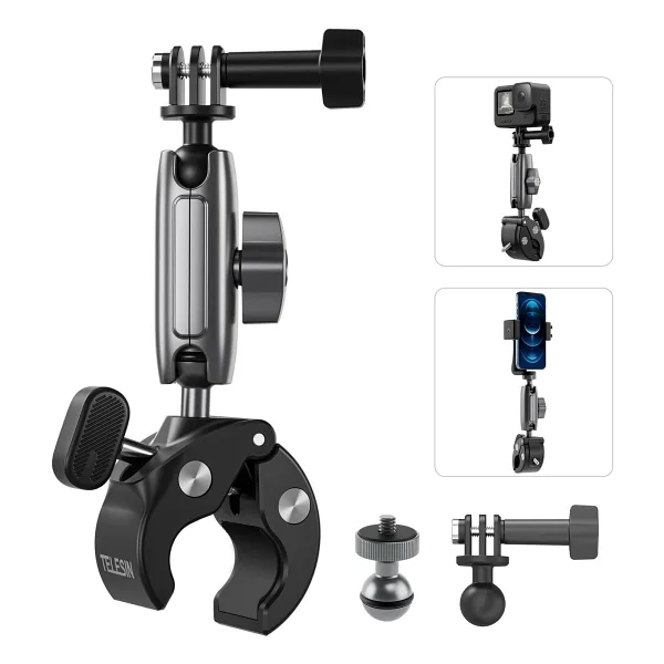 TELESIN Motosiklet Gidonu Bisiklet Montaj Kelepçeleri için GoPro Hero 13 12 11 10 9 DJI OSMO Action 5 Pro 4 3 Insta360,360° Çift Top Başlı Kelepçe Tutucu 1/4-20 mm Kamera ve Telefon için Adaptör