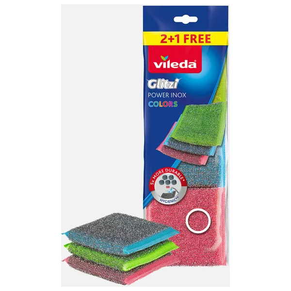 Vileda Glitzi 3'lü Power Inox Colors Bulaşık Süngeri