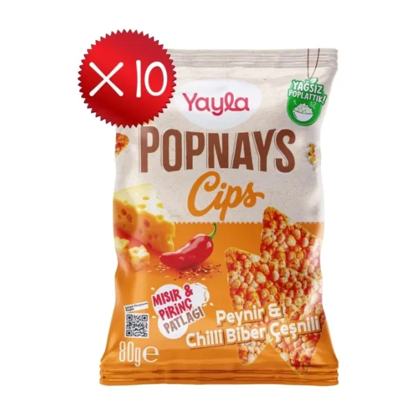 Yayla Popnays Cips Peynir ve Chilli Biber Çeşnili Mısır ve Pirinç Patlağı 80 g x10