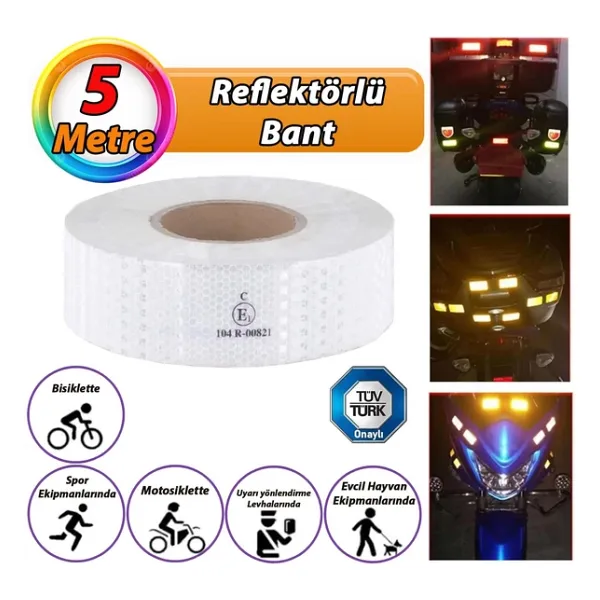 5 Mt Reflektörlü Reflektif Fosforlu Araç Oto Kamyon Şerit Bant Tüvtürk Onaylı Düz Beyaz İkaz Bandı