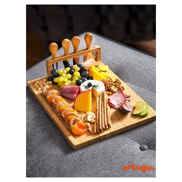 5 Parça Bambu Peynir Sunum Tahtası ve Çatal - Spatula -Mini Spatula - Bıçak Seti, Peynir Kesim Panosu, Sunum Seti