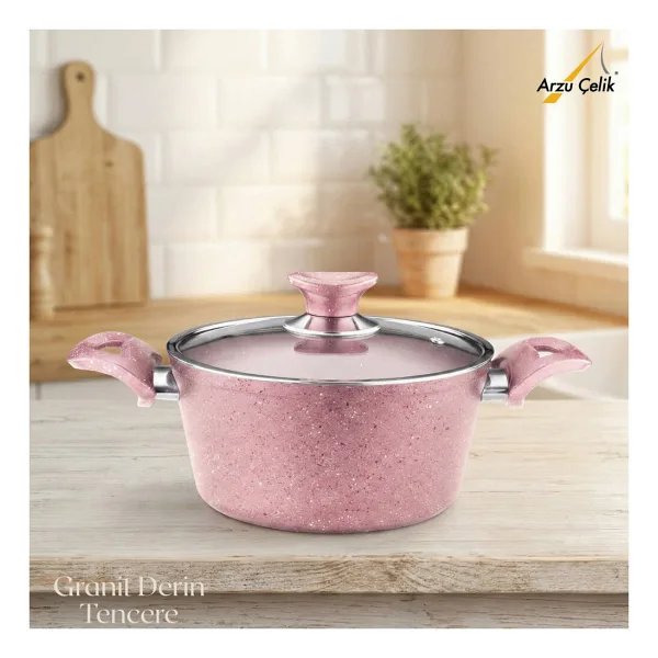 Arzu Cam Kapaklı Pembe 24 cm Derin Granit Tencere