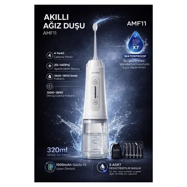 Auhma Amf11 Akıllı Şarjlı Ağız Duşu - 320Ml Su Haznesi, 4 Modlu, Diş Temizleme Cihazı