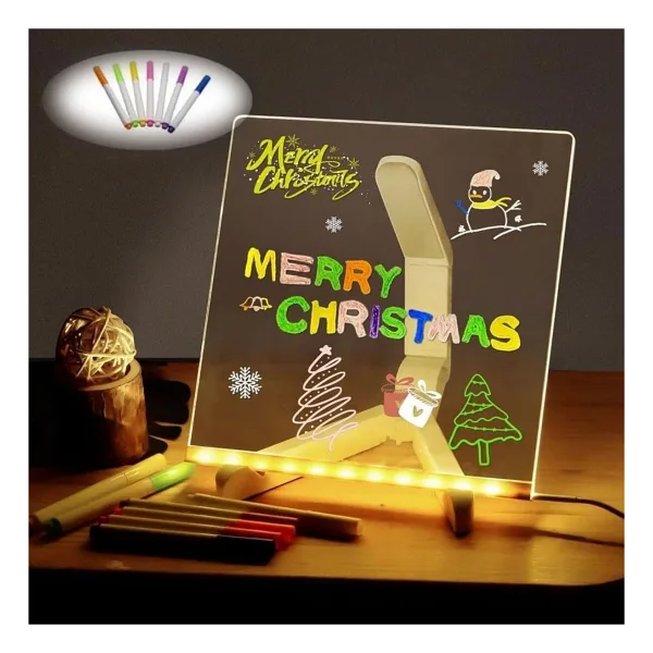 Bakgelal LED Işıklı Yazı ve Çizim Panosu, Silinebilir Fosforlu Kalemli, Işıklı Not Tahtası, Led'li Çocuk Çizim Panosu, Işıklı Mesaj Tahtası, Led'li Çizim Panosu - 20x20 cm