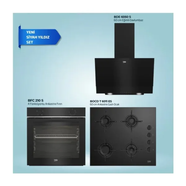 Beko Black Star 3'lü Ankastre Set 5 Modern Tasarımlı Siyah Renk Gazlı Ocak BFC 210 S - Bocd T 6011 Es - Bde 6050 S