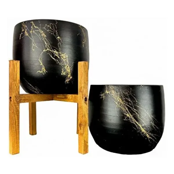 Bitki Tasarımı Siyah Üzeri Gold Mermer Efektli Toprak Saksı Saksılık Salon Çiçeklik İkili Set Ayaksız - 4 Ayaklı- 19 Cm