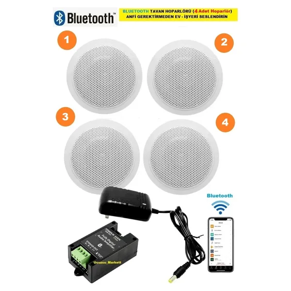 Bluetooth Özellikli Tavan Hoparlör Seti (4 Tavan Hoparlör) Anfi Kullanmadan Ev-Işyerini Seslendirin