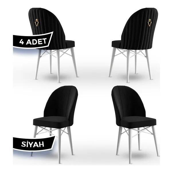 Canisa Concept Ritim Serisi, Babyface Ithal Kumaş, 4 Adet Sandalye, Beyaz Gürgen Ayak, Gold Halkalı - Siyah