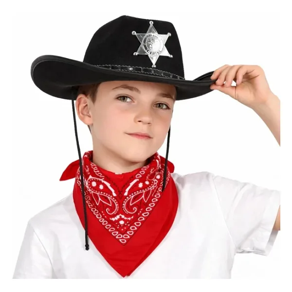 Çocuk Kovboy Şapka Rozetli Siyah Kırmızı Bandana Seti