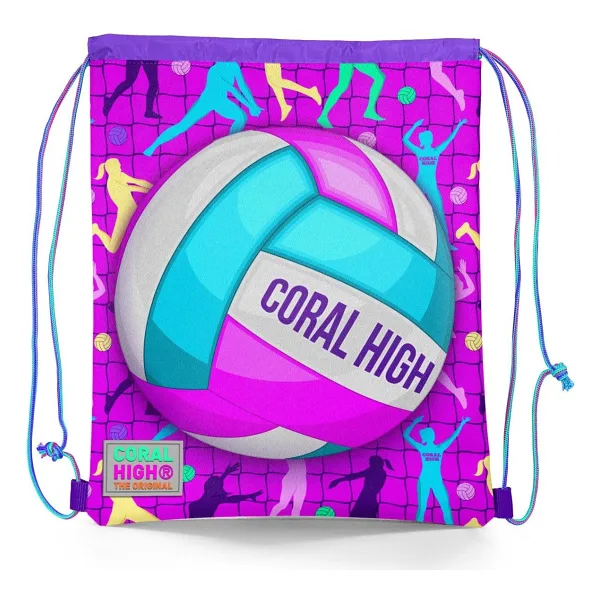 Coral High Kids Pembe Mor Voleybol Desenli İpli Büzgülü Sırt Çantası 12649