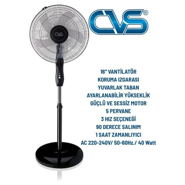 CVS 16 İnç Ayaklı Vantilatör 40 W Güçlü Hava Akışı ile Siyah Modern Tasarım