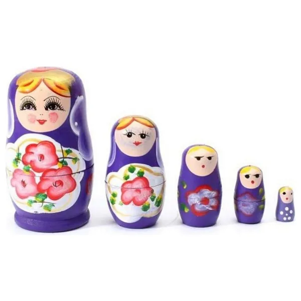 Dünyadan Hediyeler Ahşap Matruşka Bebek Beşli Set Mor - Bej