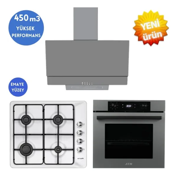 Eminçelik ve Afm Tech Markalı / Meen Emaye Ocak / Ankastre Beyaz Set ( 31 221 + FM7710 + FM3407 )