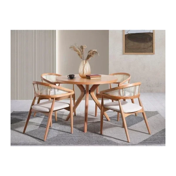 Gazzini Furniture Gazel Hasırlı Krem Teddy Hazeran Natural Ahşap Bohem Sandalye - Naturel Ahşap