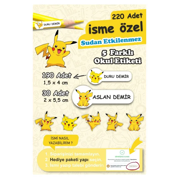 Grafikup 220 Adet İsme Özel Okul Etiketi - Kalem Defter Suluk Özel Kesimli Etiket Seti