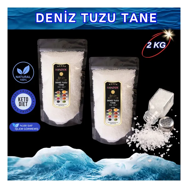 Hanzade Bitkisel Saf Deniz Tuzu Tane Granül Iyot Ilavesiz 1 kg x 2 Adet - 2 kg