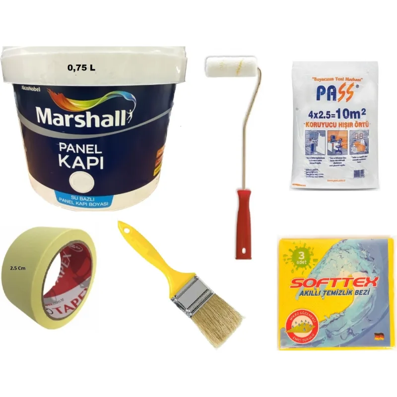Marshall Su Bazlı Kokusuz Amerikan Panel Kapı Boyası Su Bazlı 1 Lt - 6 Parça Boyama Seti - Şifon - 1 L+ Boyama Seti