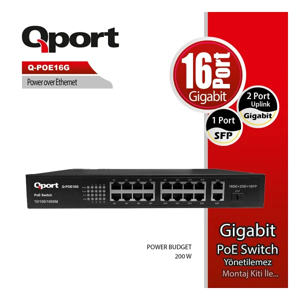 QPORT Q-POE16G 16 PORT 10/100/1000 16 PORT POE 2 PORT UPLINK + 1 SFP 200W YONETILEMEZ DESKTOP SWITCH