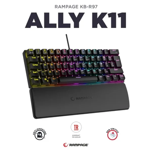 Rampage Klavye Oyuncu Klavyesi Kırmızı 12 Işık Modlu Red Switch Mekanik Antighosting Bilek Destekli Ally K11