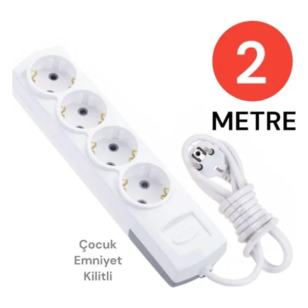Tek-İş Grup Priz Topraklı 4 Lü 2 Metre Çocuk Korumalı Çoklu Priz Seyyar Ara Kablo Uzatma Kablosu