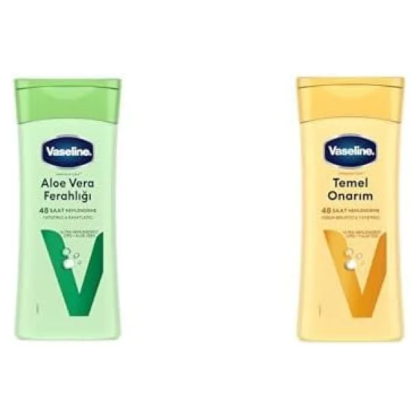 Vaseline Vücut Losyonu Aloe Vera Ferahlığı Kuru Ciltler İçin 200 ml ve Vaseline Vücut Losyonu Temel Onarım Kuru Ciltler İçin 200 ml
