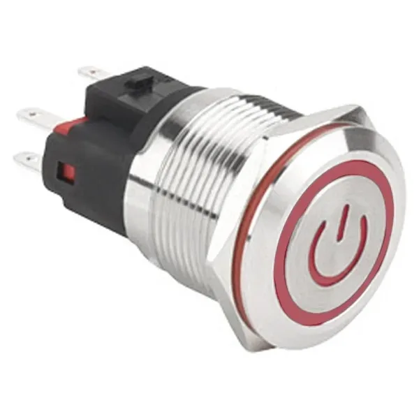 WD22E-P1Z-EC 22mm Düz Anahtarlı Işıklı Power Metal Buton - Kırmızı