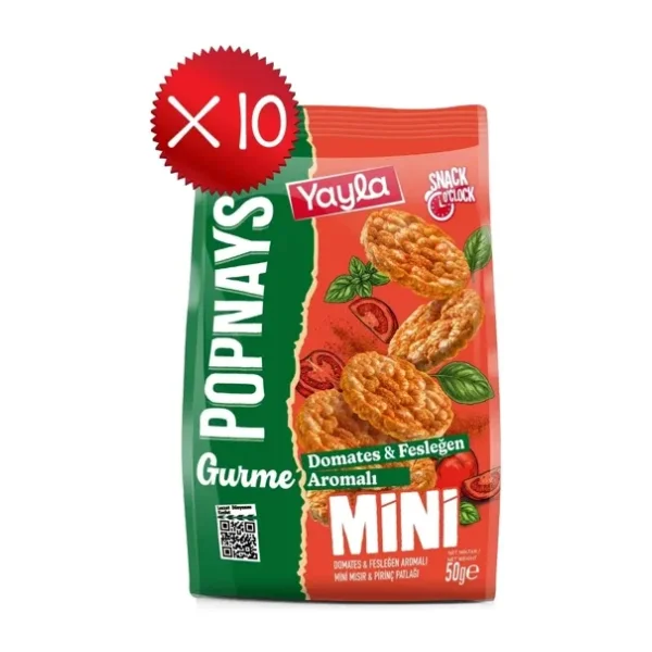 Yayla Popnays Gurme Domates ve Fesleğen Aromalı Mini Mısır ve Pirinç Patlağı 50 g x10