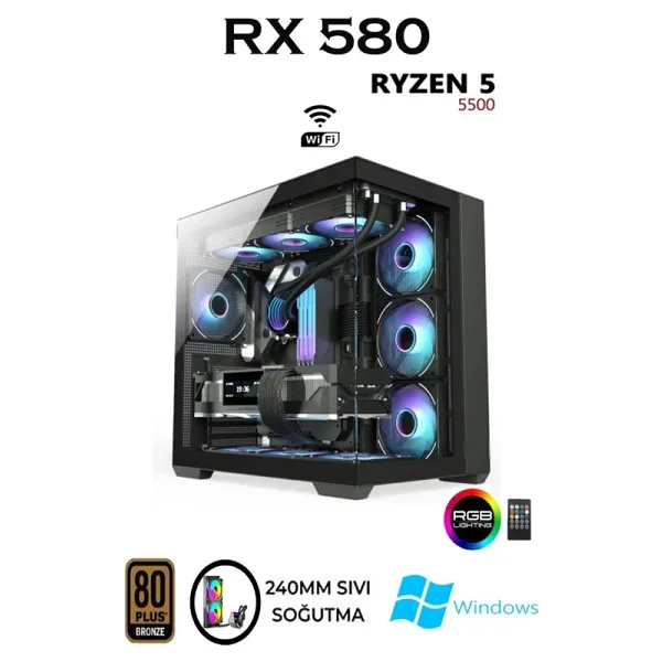 Apphirex Rebirth X50 Ryzen 5 5500 32Gb 1Tb M.2 Ssd Rx580 8Gb Sıvı Soğutmalı Masaüstü Oyuncu Bilgisayarı