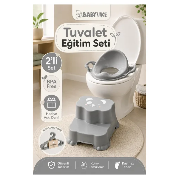 Babylike Tuvalete İlk Adım Seti-Bebek&Çocuk için Tuvalet Eğitimi-Kaydırmaz Basamak ve Kulplu Klozet Adaptörü Askı Hediyeli