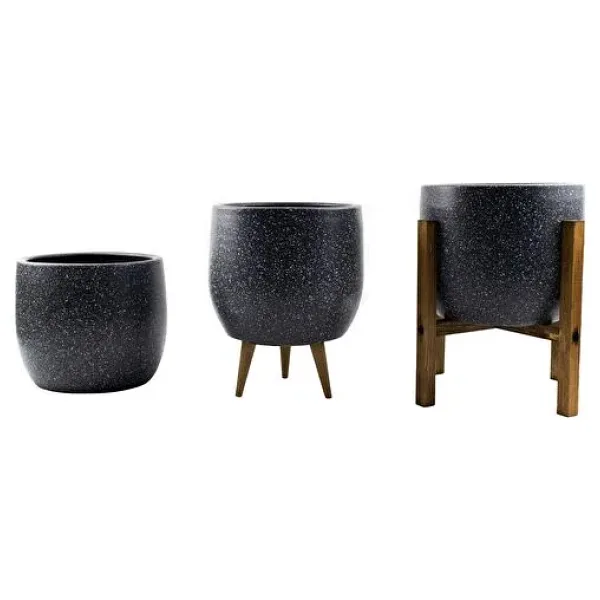 Bitki Tasarımı Gri Granit Toprak Saksı Saksılık Salon Çiçeklik Üçlü Set- 19 CM