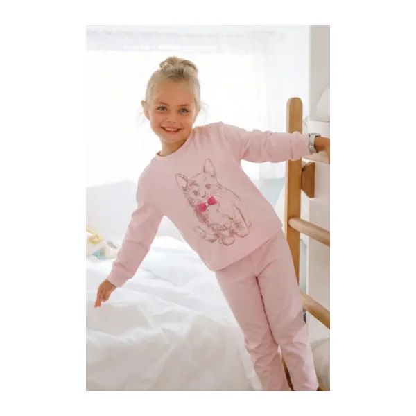 Cigit Kedi Baskılı Pijama Takım 2-8 Yaş Pudra Pembe - 2 - 3 Yaş