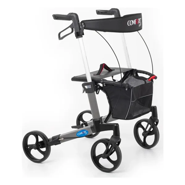 Comfort Plus Rolatör Yürüteç Gri Alüminyum Şase, Katlanabilir 8" Frenli Tekerlekli, Oturaklı ve Se