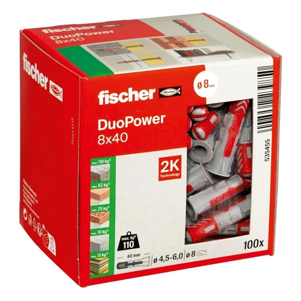 fischer DuoPower 8 x 40, evrensel dübel, güçlü 2 bileşenli dübel, beton, tuğla, taş, alçı yapı plakaları vb. sabitlemek için plastik dübel, vidasız, 100 adet