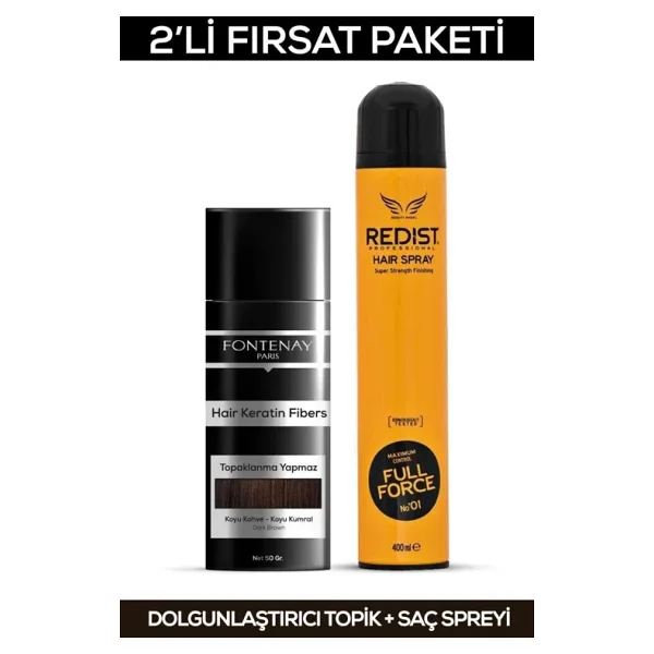 Fontenay Saç Dolgunlaştırıcı Keratin Fibers Koyu Kahve Topik Saç Tozu 50Gr + Saç Spreyi 400Ml 2'Li Set