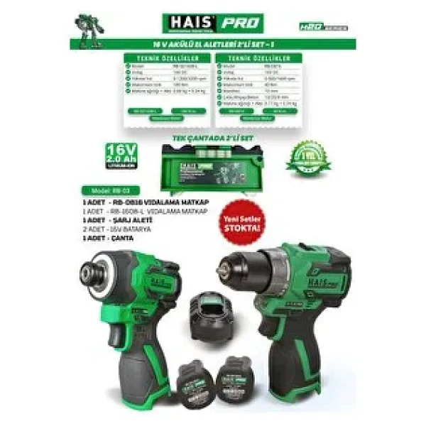 Hais HaisPro Akülü Set - 2'li Profesyonel 16V Akülü Set + 2X2 Ah Çift Akü - RB-03