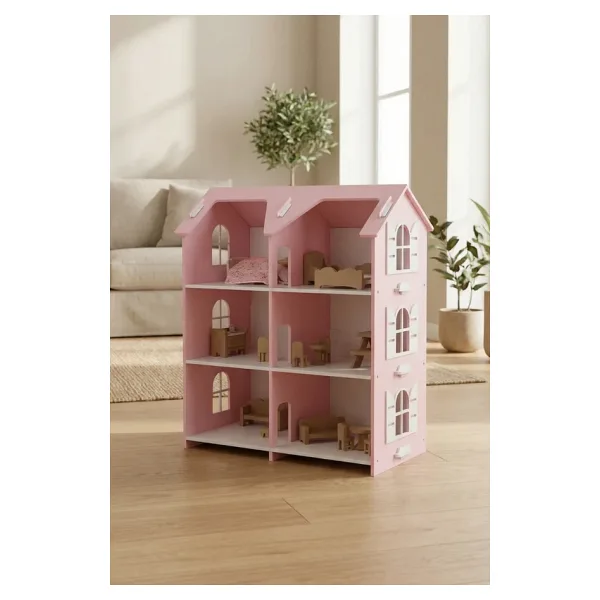 Hedefixtoys Ahşap Oyuncak Ev Pembe 3 Katlı Montessori Oyuncak Evi Ahşap Bebek Evi