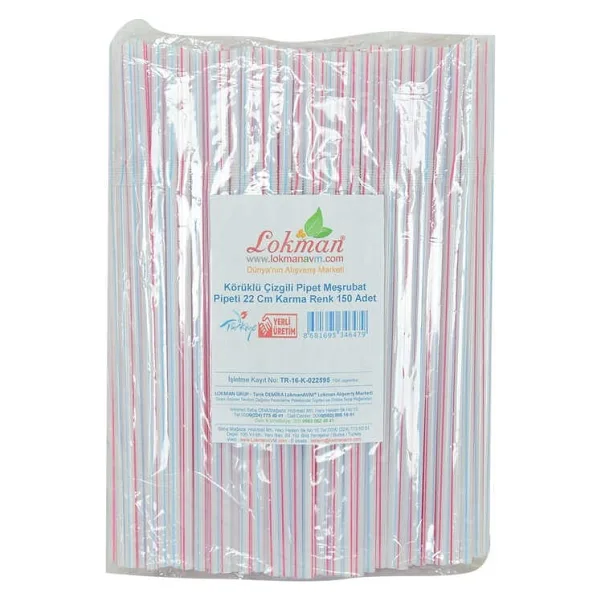 Körüklü Çizgili Pipet Ayran Kola Meşrubat Pipeti 22 cm Karma Renk 150 Adet Paket - OEM458-10707