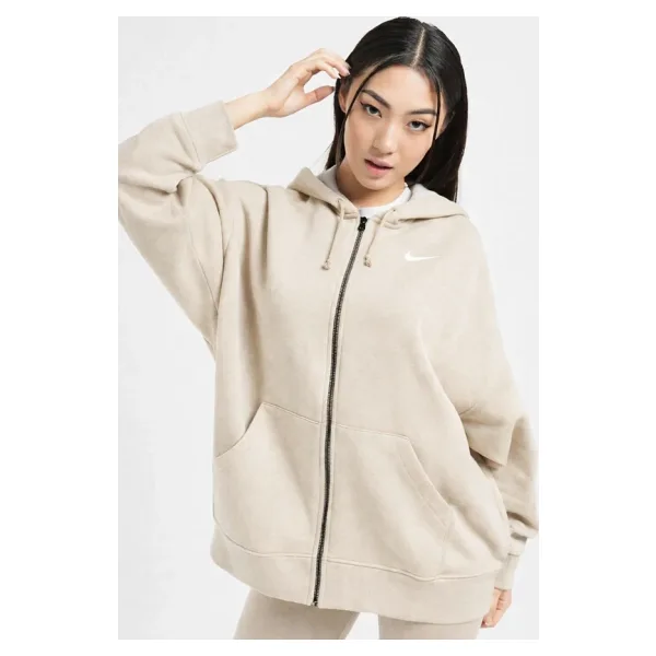 Nike Sportswear Essentials Oversize Fleece Full Zip Hoodie Kadın Oversize Kapüşonlu Sweatshirt Krem