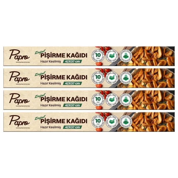 Papro Doğal Fırın Pişirme Kağıdı 40 Yaprak (4x10), 37x42 cm Kesilmiş Yağlı Kağıt, Yapışmaz PFAS Free Fırın Kağıdı (37x42, 4 paket, 40.0)