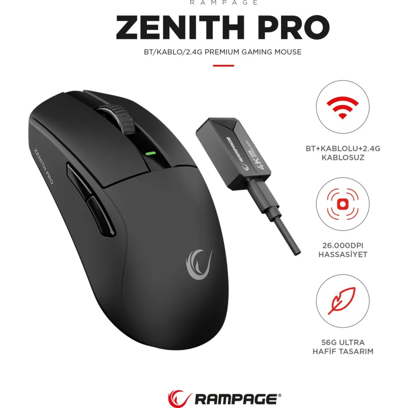 Rampage Zenith Pro 4K Siyah Şarjlı Optik Kablolu/Kablosuz Oyuncu Mouse