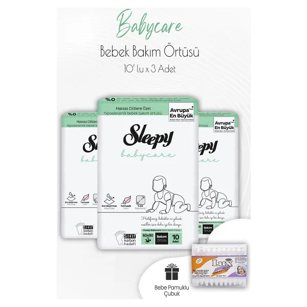 Sleepy Babycare Bebek Bakım Örtüsü 10'Lu X 3 Adet Ve Bebek Pamuk Çubuğu