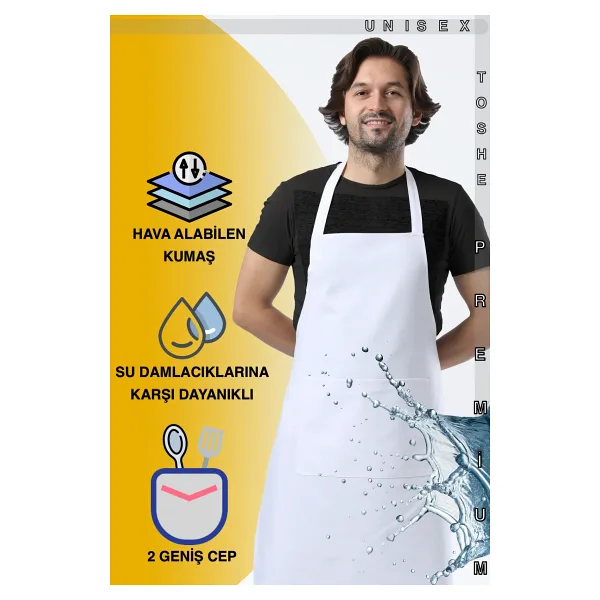 TOSHE Mutfak Önlüğü Suya Dayanıklı Mutfak Önlük Şef Önlüğü 2 Geniş Cepli Barista Önlüğü Önlük Beyaz