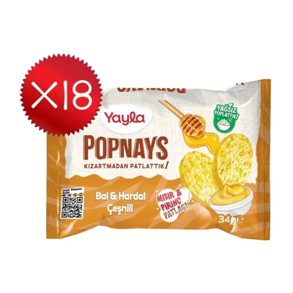 Yayla Popnays Bal ve Hardal Çeşnili Mısır ve Pirinç Patlağı 34 g x18