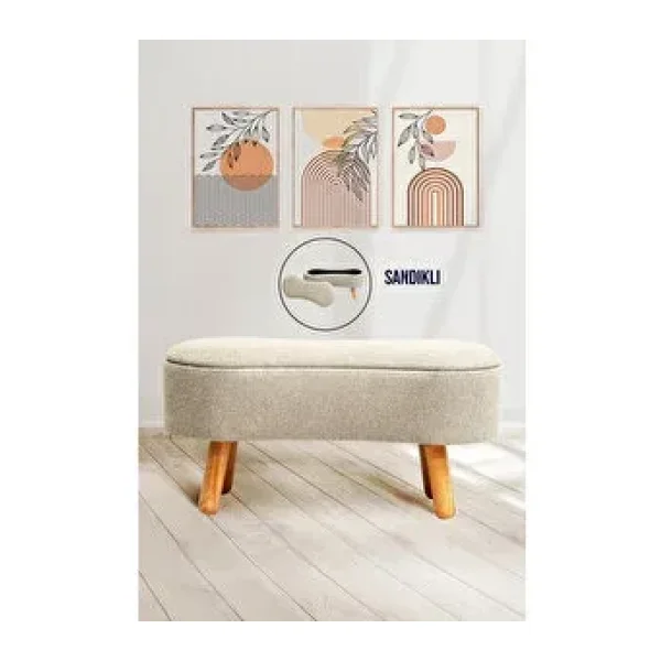 Zem Scala Sandıklı Bohem Ahşap Ayaklı Puf/Bench, Sütlü Kahve
